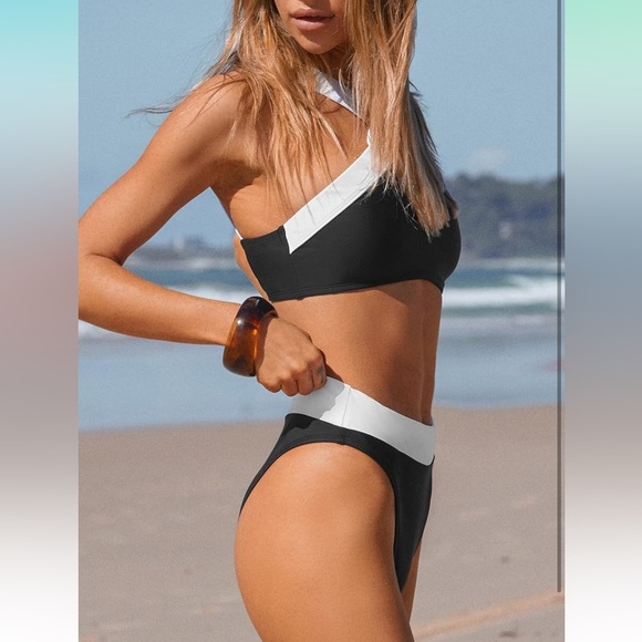 New! Black/White Colorblock Wrap Top & Extra Cheeky Bikini Swimsuit Size Large‎ - Picture 10 of 12